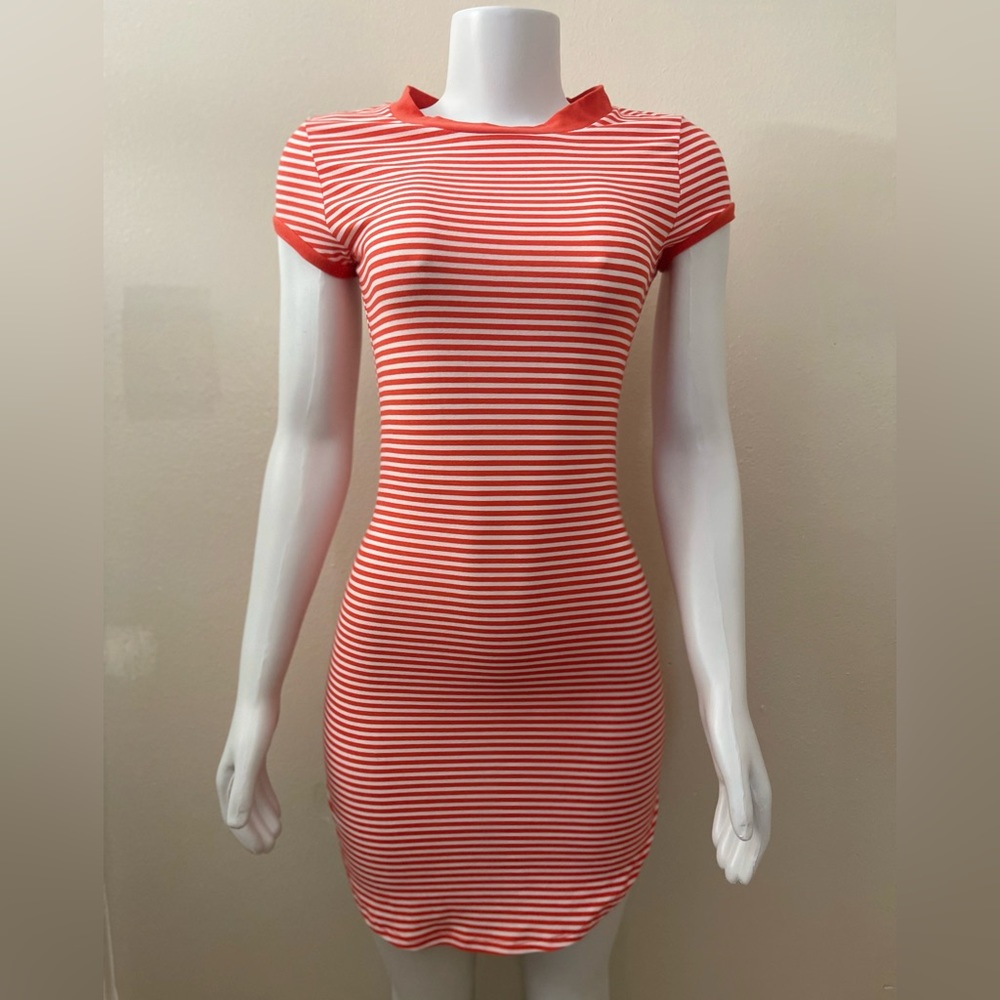 Forever21 striped white and orange curved hem shirt mini bodycon dress
